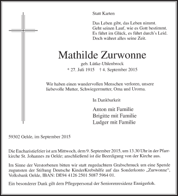 Traueranzeige von Mathilde Zurwonne von Die Glocke