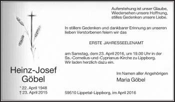 Traueranzeige von Heinz-Josef Göbel von Die Glocke
