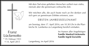 Traueranzeige von Franz Lückenotto von Die Glocke