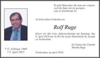 Traueranzeige von Rolf Ruge von Die Glocke