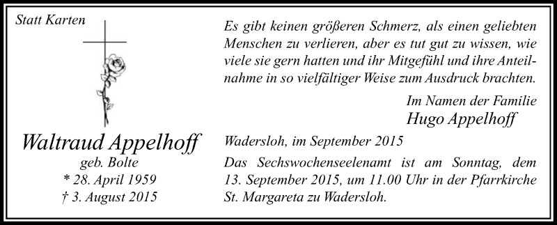  Traueranzeige für Waltraud Appelhoff vom 05.09.2015 aus Die Glocke
