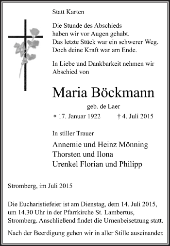 Traueranzeige von Maria Böckmann von Die Glocke