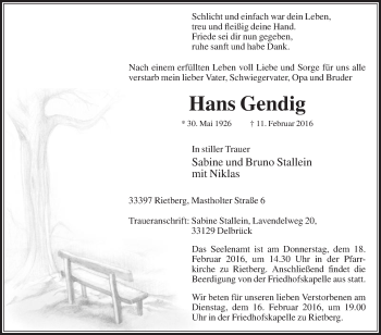 Traueranzeige von Hans Gendig von Die Glocke