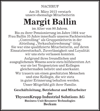 Traueranzeige von Margit Ballin von Die Glocke