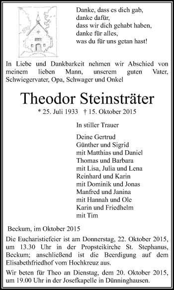 Traueranzeige von Theodor Steinsträter von Die Glocke