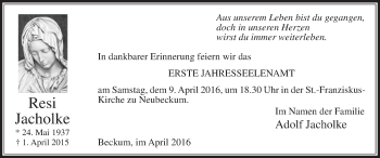 Traueranzeige von Resi Jacholke von Die Glocke