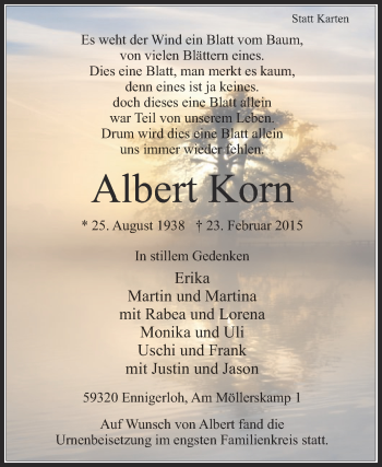Traueranzeige von Albert Korn von Die Glocke