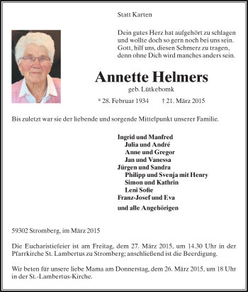 Traueranzeige von Annette Helmers von Die Glocke