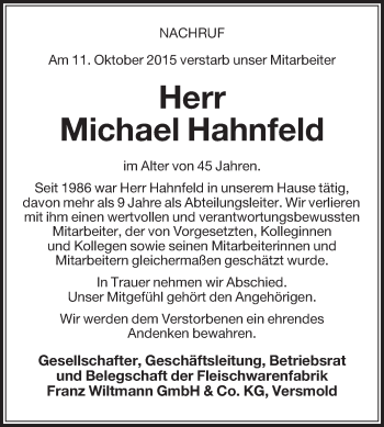 Traueranzeige von Michael Hahnfeld von Die Glocke
