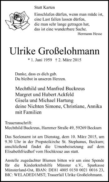 Traueranzeige von Ulrike Großelohmann von Die Glocke