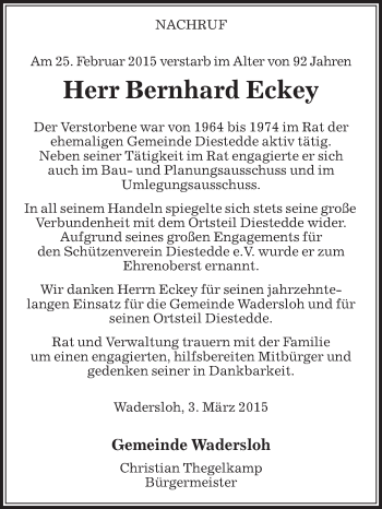 Traueranzeige von Bernhard Eckey von Die Glocke