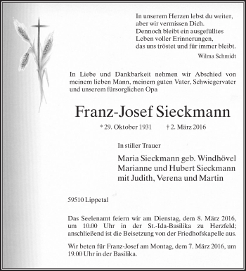 Traueranzeige von Franz-Josef Sieckmann von Die Glocke