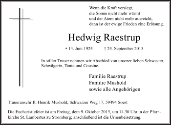 Traueranzeige von Hedwig Raestrup von Die Glocke