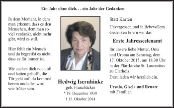 Traueranzeige von Hedwig Isernhinke von Die Glocke