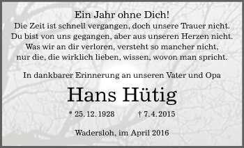 Traueranzeige von Hans Hütig von Die Glocke
