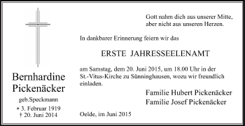 Traueranzeige von Bernhardine Pickenäcker von Die Glocke