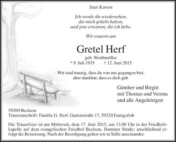 Traueranzeige von Gretel Herf von Die Glocke