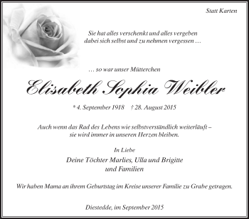 Traueranzeige von Elisabeth Sophia Weibler von Die Glocke