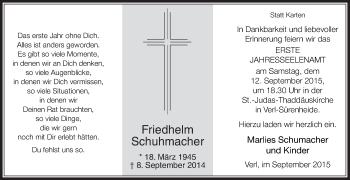 Traueranzeige von Friedhelm Schuhmacher von Die Glocke