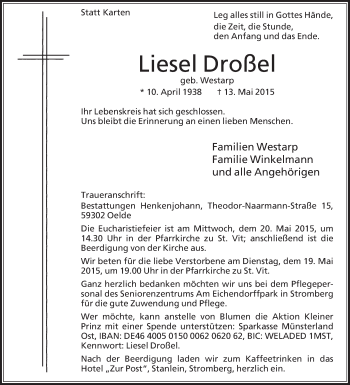 Traueranzeige von Liesel Droßel von Die Glocke