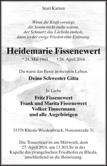 Traueranzeige von Heidemarie Fissenewert von Die Glocke