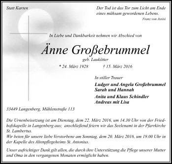 Traueranzeige von Änne Großebrummel von Die Glocke