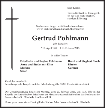 Traueranzeige von Gertrud Pohlmann von Die Glocke