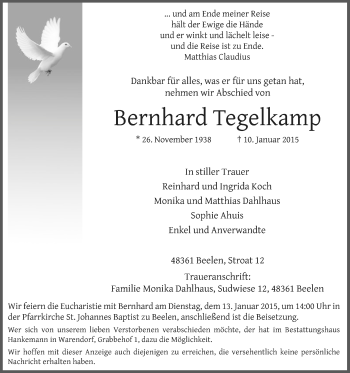 Traueranzeige von Bernhard Tegelkamp von Die Glocke
