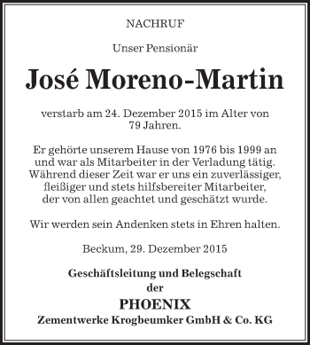 Traueranzeige von José Moreno-Martin von Die Glocke