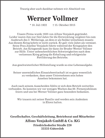 Traueranzeige von Werner Vollmer von Die Glocke