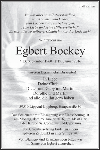 Traueranzeige von Egbert Bockey von Die Glocke
