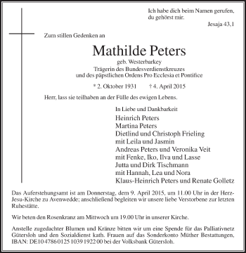 Traueranzeige von Mathilde Peters von Die Glocke