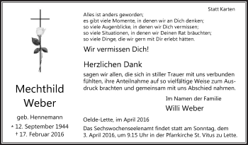 Traueranzeige von Mechthild Weber von Die Glocke