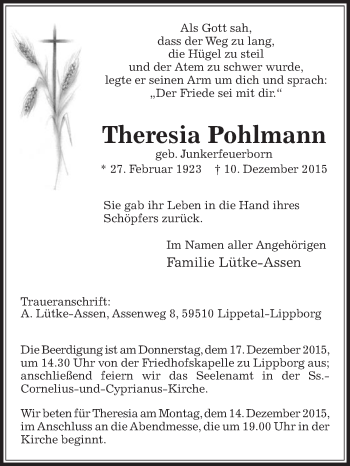 Traueranzeige von Theresia Pohlmann von Die Glocke