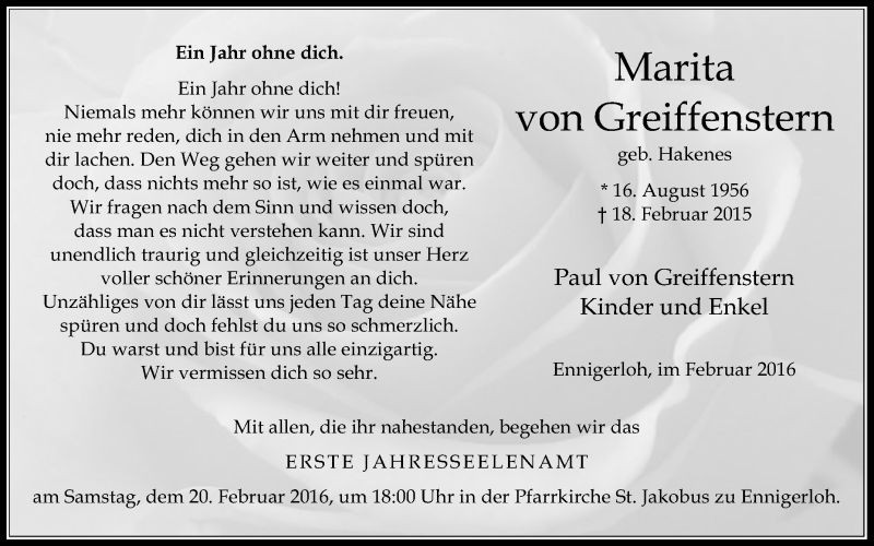  Traueranzeige für Marita  von Greiffenstern vom 18.02.2016 aus Die Glocke