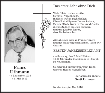 Traueranzeige von Franz Uthmann von Die Glocke