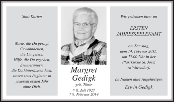 Traueranzeige von Margret Gedigk von Die Glocke
