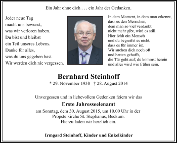 Traueranzeige von Bernhard Steinhoff von Die Glocke