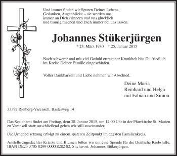 Traueranzeige von Johannes Stükerjürgen von Die Glocke