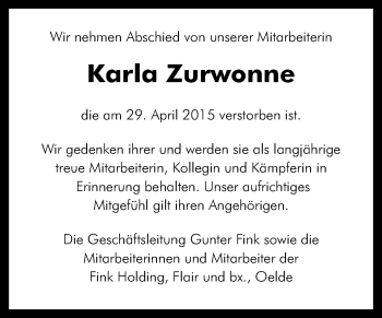 Traueranzeige von Karla Zurwonne von Die Glocke