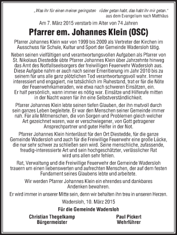 Traueranzeige von Johannes Klein von Die Glocke
