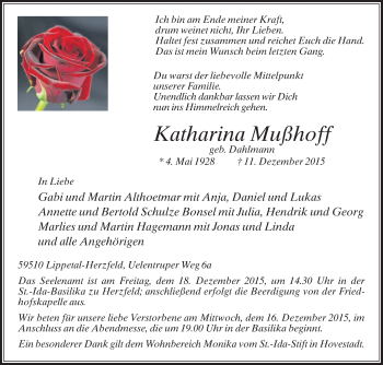 Traueranzeige von Katharina Mußhoff von Die Glocke