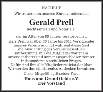 Traueranzeige von Gerald Prell von Die Glocke