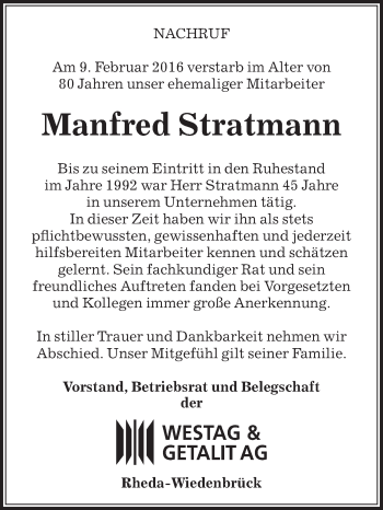 Traueranzeige von Manfred Stratmann von Die Glocke