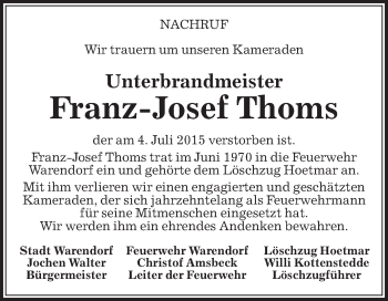 Traueranzeige von Franz-Josef Thoms von Die Glocke