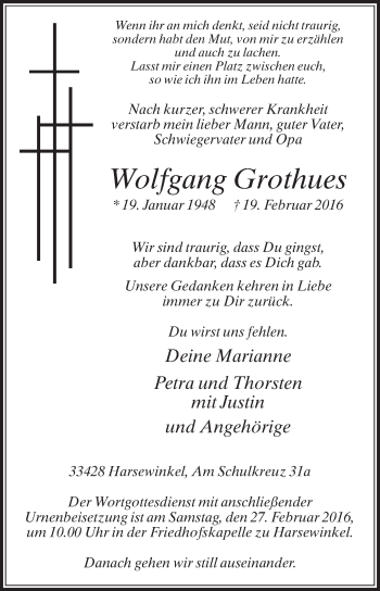Traueranzeige von Wolfgang Grothues von Die Glocke