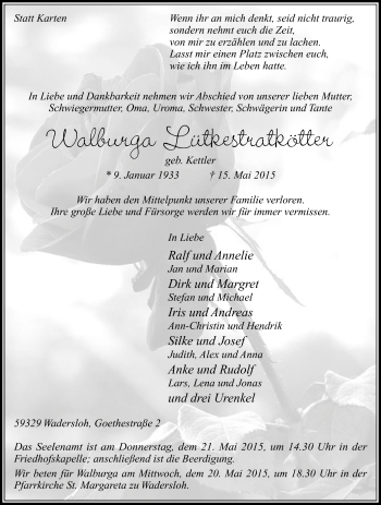 Traueranzeige von Walburga Lütkestratkötter von Die Glocke
