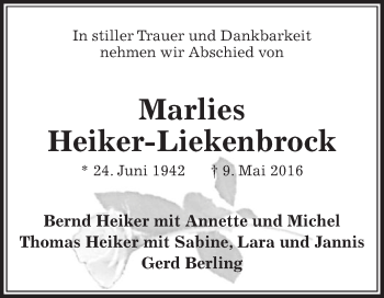 Traueranzeige von Marlies Heiker-Liekenbrock von Die Glocke
