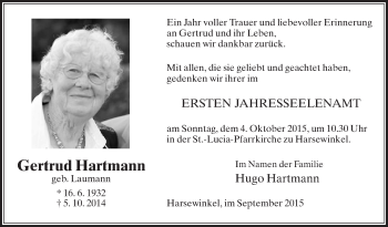 Traueranzeige von Gertrud Hartmann von Die Glocke