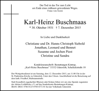 Traueranzeige von Karl-Heinz Buschmaas von Die Glocke